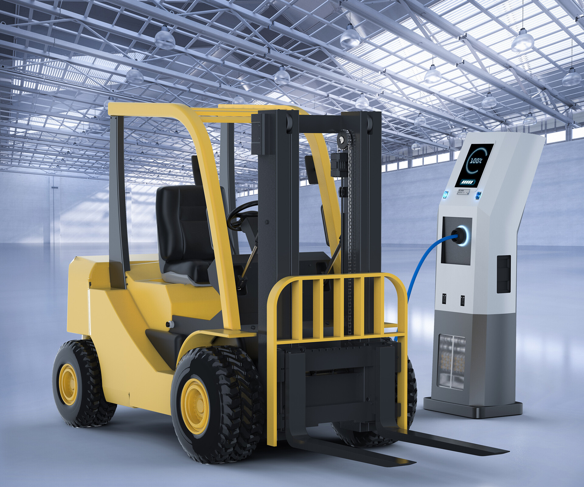 an electric forklift plugged into an EV charger